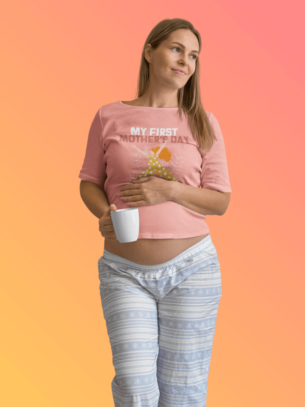 T Shirt Mockup Of A Pregnant Woman Leaning On A Colorful Background