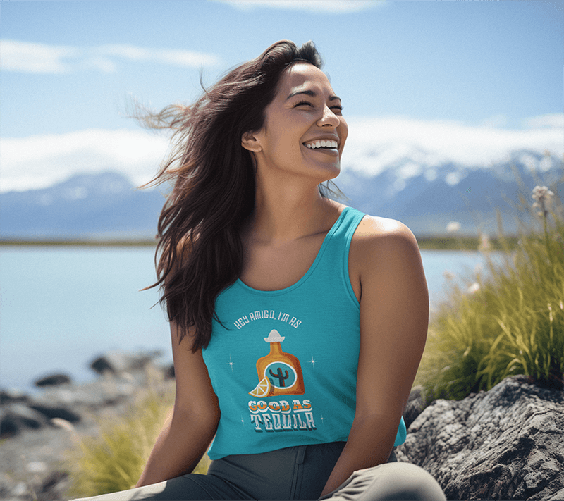 Tank Top Mockup Featuring A Happy Ai Created Woman Sitting Near A River For Earth Day