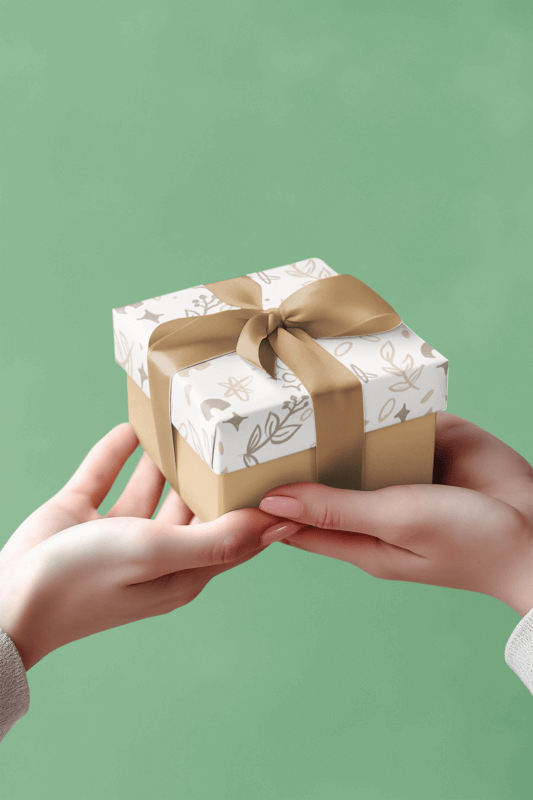 Wrapping Paper Mockup Of An AI Generated Woman Giving A Gift To Someone