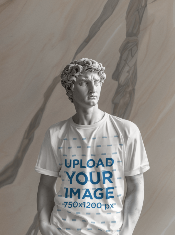 A Mockup Of An AI Generated Marble Statue Dressed In A Round Neck T Shirt