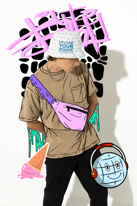 Bucket Hat Mockup Of A Man Wearing A Street Style Outfit In An Illustrated Studio