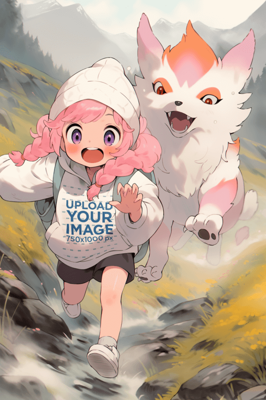 Hoodie Mockup Of An Illustrated Girl Running From A Pokémon Inspired Creature