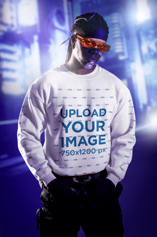 Sweatshirt Mockup Featuring A Man With A Futuristic Outfit Inspired By Cyberpunk