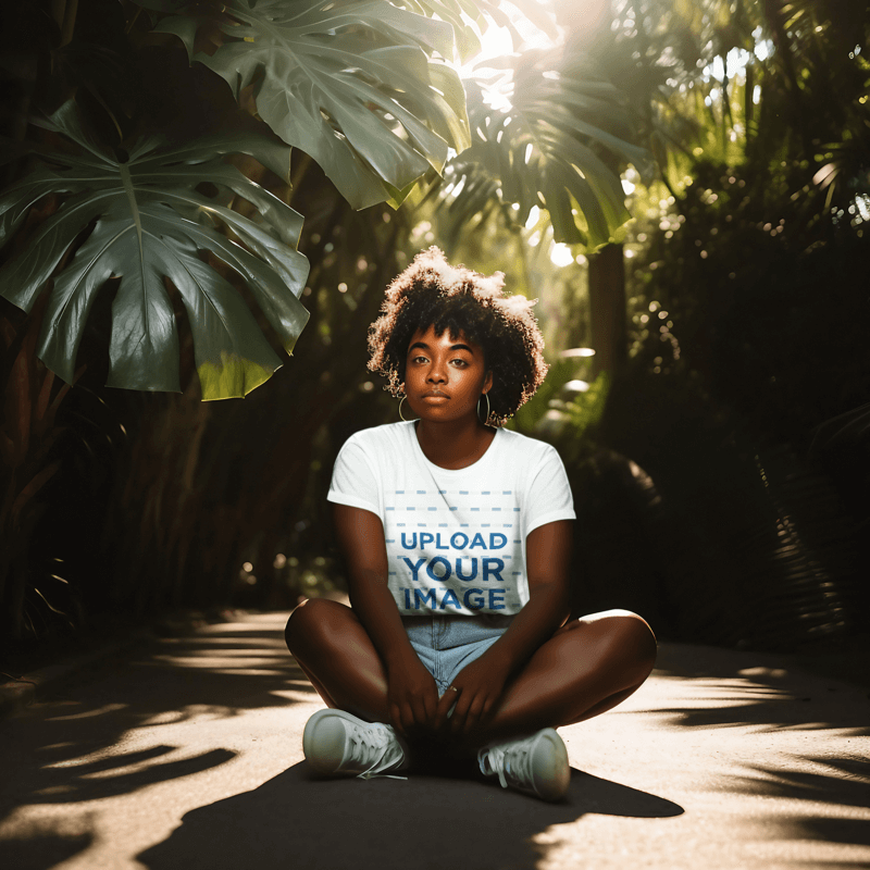 T Shirt Mockup Of An Ai Created Woman Sitting In An Outdoor Landscape