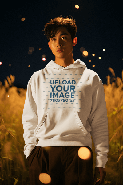 Ai Created Mockup Featuring A Man Wearing A Pullover Hoodie Surrounded By Fireflies