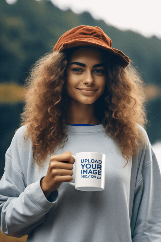 AI Created Mockup Featuring A Woman With Curly Hair Holding A Coffee Mug By A Lake