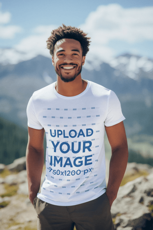 AI Generated Mockup Of A Smiling Man Wearing A T Shirt At The Top Of A Mountain