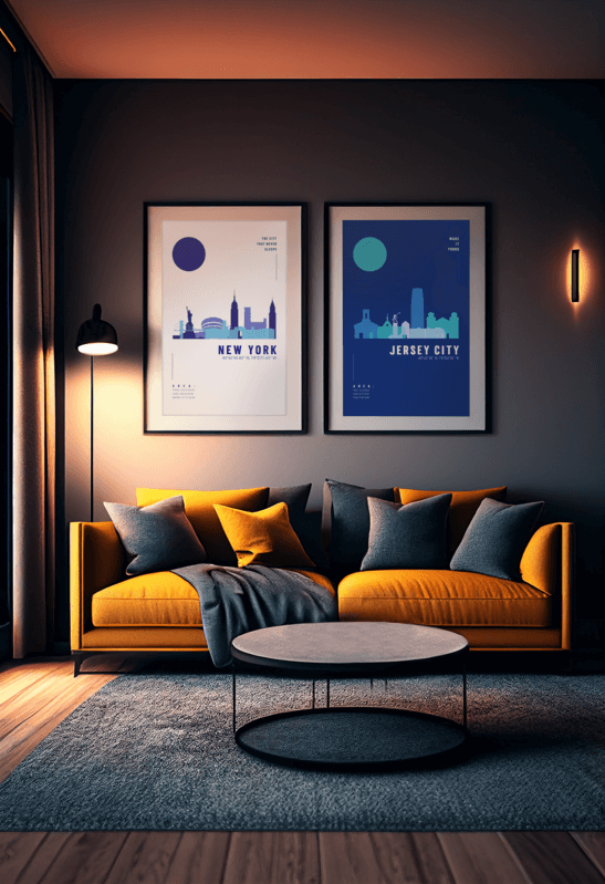 AI Generated Mockup Of Two Art Prints Placed Above A Living Room's Sofa