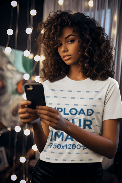 Ai Generated T Shirt Mockup Of A Curly Haired Woman Holding A Smartphone