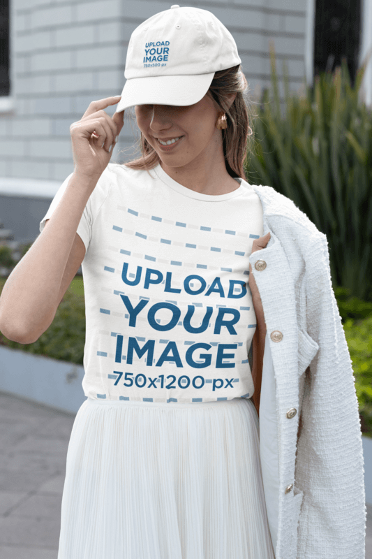 Bella Canvas Tee And Dad Hat Mockup Featuring A Joyful Woman In A Modest Outfit