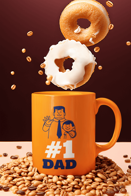Coffee Mug Mockup Featuring AI Created Donuts Floating In The Air