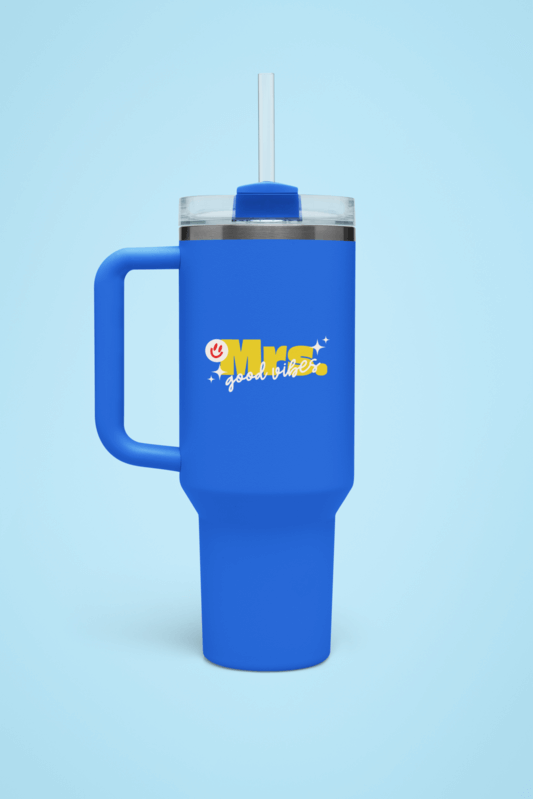 Mockup Of A Blue Stanley Tumbler Placed On A Customizable Surface