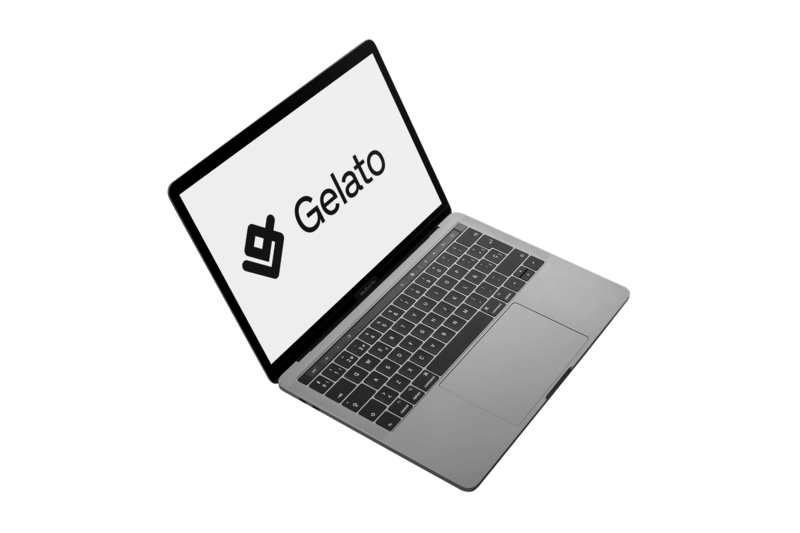 Mockup Of A Macbook Standing On A Transparent Surface Featuring Gelato's Logo