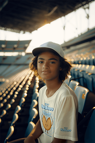 Mockup Of An Ai Generated Boy Wearing A T Shirt In A Baseball Stadium
