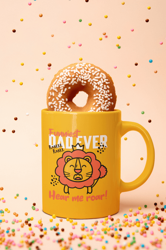 Mockup Of An AI Generated Coffee Mug Featuring A Donut And Raining Colorful Pearls