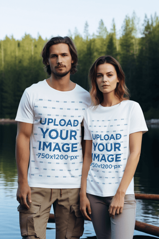 Outdoor Themed Mockup Featuring An AI Generated Man And Woman Wearing T Shirts