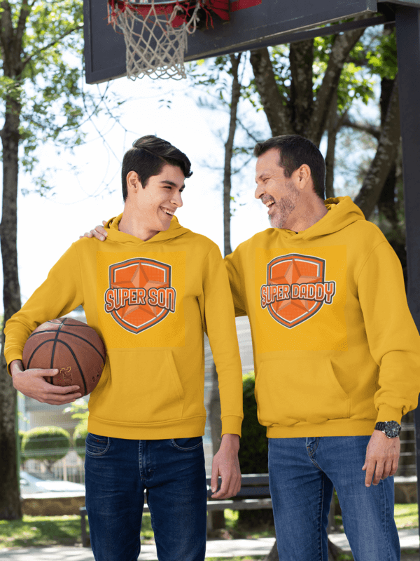 Pullover Hoodie Mockup Featuring A Father And His Son At A Basketball Court