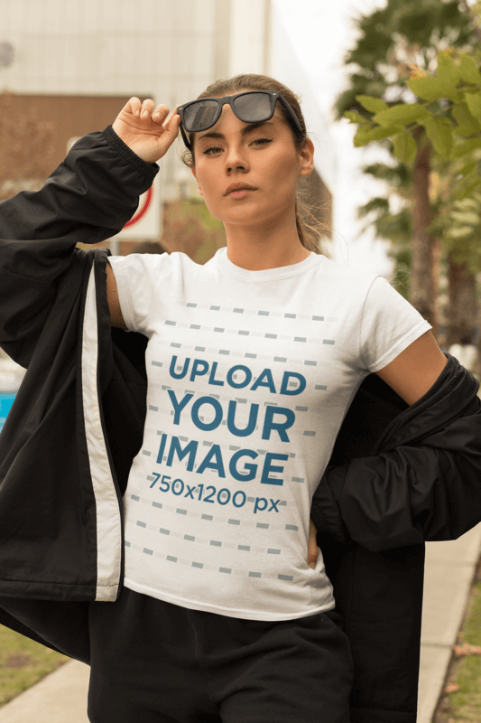 T Shirt Mockup Of A Bold Woman Wearing An Athleisure Outfit