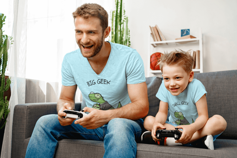 V Neck Tee Mockup Of A Happy Father Playing Video Games With His Kid