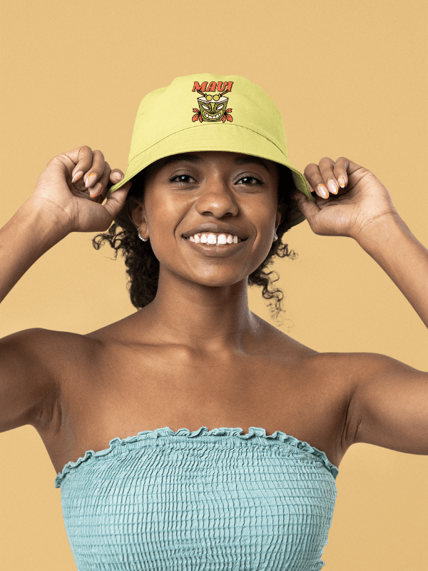 A Happy Woman Wearing A Custom Summer Hat With A Hawaiian Theme