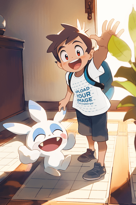 Anime Inspired T Shirt Mockup Of A Happy Kid And His Fantasy Pet Waving At The Camera