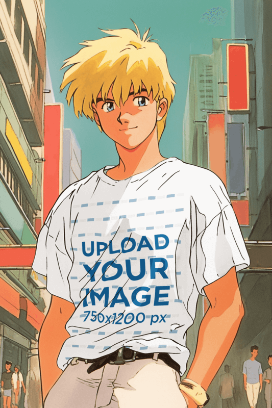 Anime Themed Mockup Featuring An Illustrated Man Wearing A T Shirt