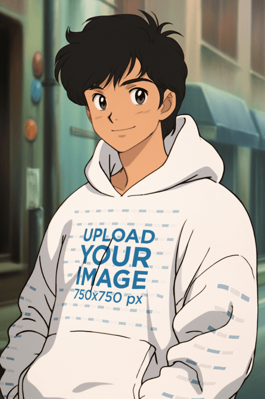 Anime Themed Mockup Of A Man Illustration Wearing A Pullover Hoodie