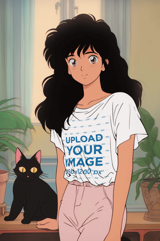 Crewneck Tee Mockup Of An Anime Woman Standing Next To Her Cat At Home