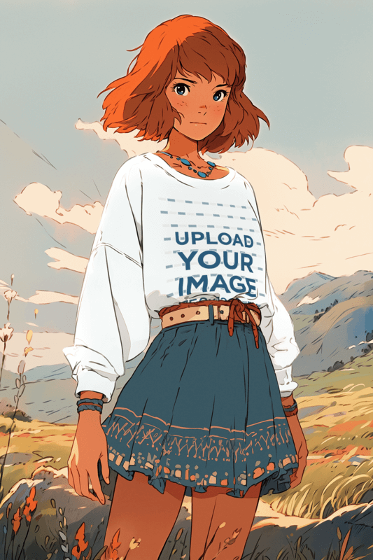 Ghibli Inspired Mockup Of An AI Created Woman Graphic In A Crewneck Sweatshirt