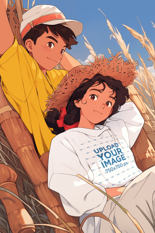 Hoodie Mockup Featuring An AI Generated Woman With Her Boyfriend Inspired By A Studio Ghibli Film