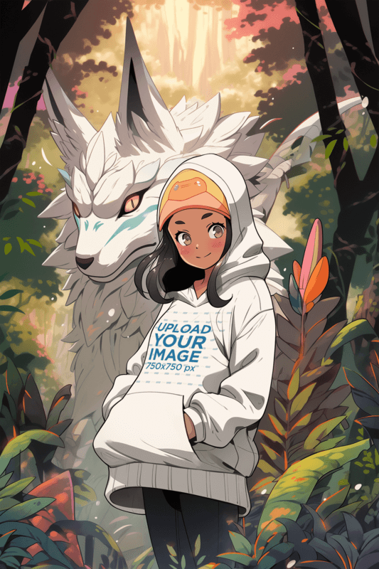 Illustrated Mockup Of A Girl Inspired By A Retro Anime Standing Next To A Fantasy Creature