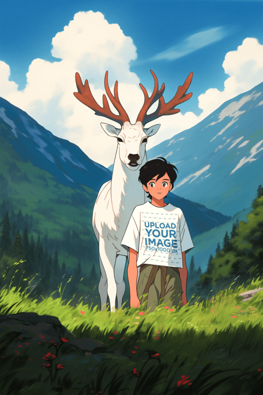 Illustrated Mockup Of A Kid Wearing A T Shirt Next To A Deer