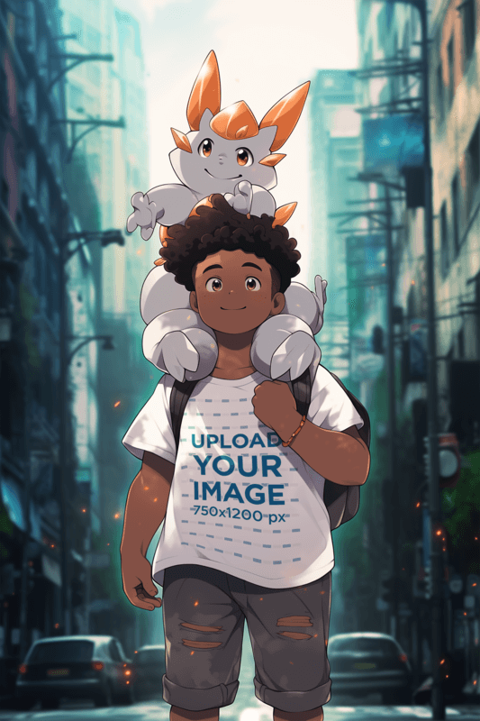 Illustrated Tee Mockup Of A Smiling Boy Carrying A Fantasy Pet On His Shoulders