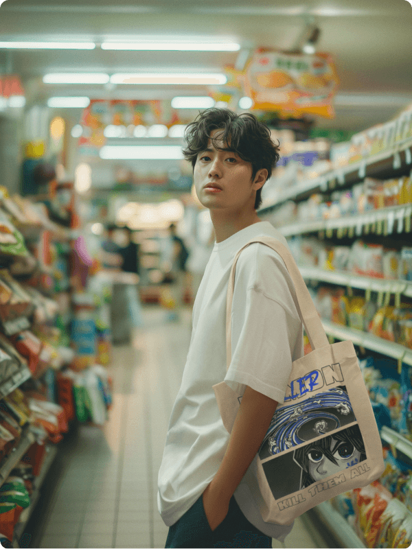 Mockup Of An AI Created Man Wearing A T Shirt And Carrying A Tote Bag In A Supermarket