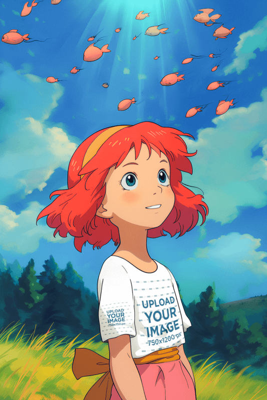 Mockup Of An Illustrated Anime Girl Wearing A T Shirt In A Fantasy Land