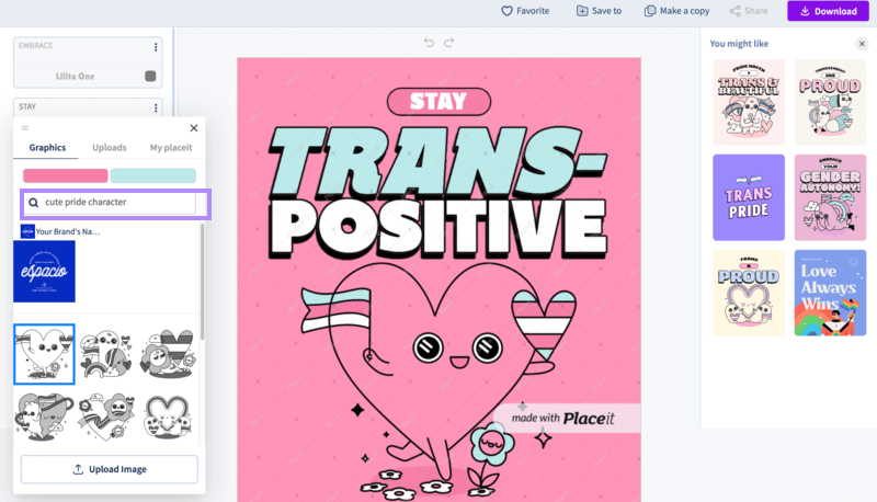 Placeit's Editor Showcasing A Pride Design Using Related Keywords