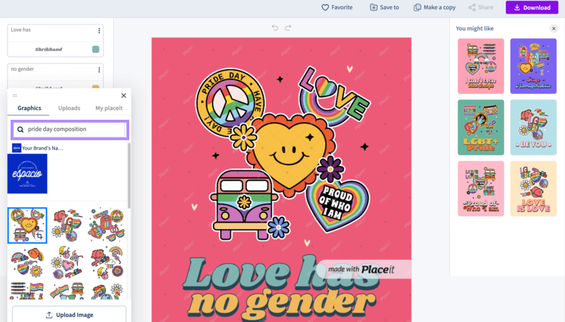 Placeit's Editor Showcasing A Pride Illustration Using Related Keywords