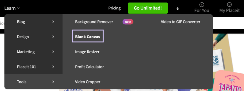 Placeit's Navigation Bar Displaying The Blank Canvas Tool