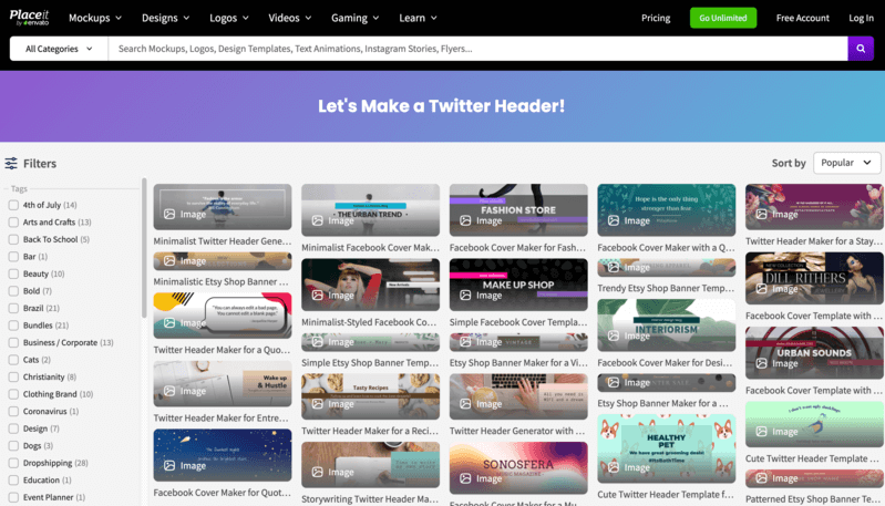 Placeit's Twitter Header Library Showcasing Different Twitter Cover Templates