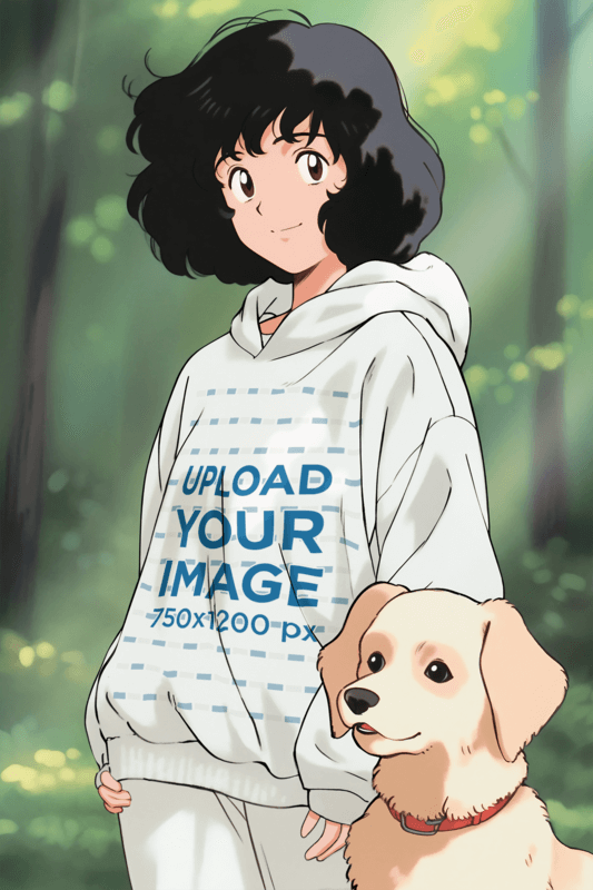 Pullover Hoodie Mockup Of An Illustrated Anime Woman Standing Next To Her Pet