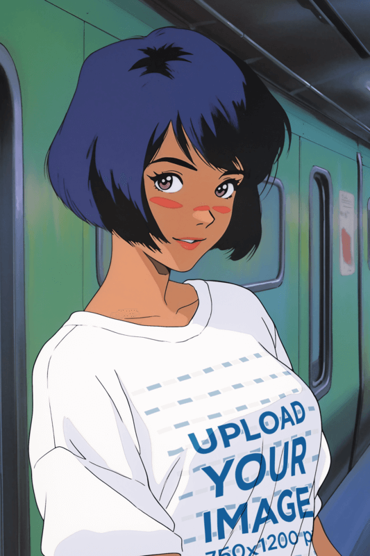 Retro Mockup Of An 80s Anime Woman Illustration Wearing A Rounded Neck T Shirt