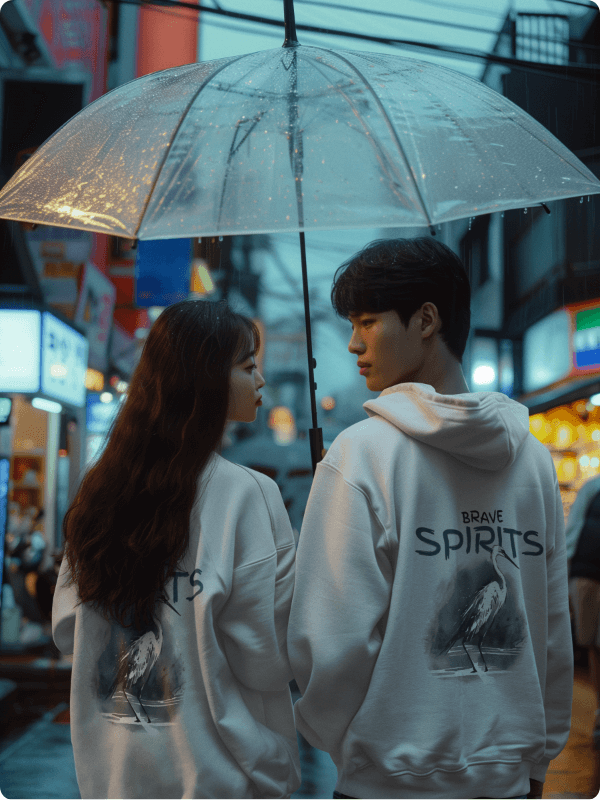 Sweatshirt And Hoodie Mockup Of An Ai Created Couple Walking On A Street With A Pretty Umbrella