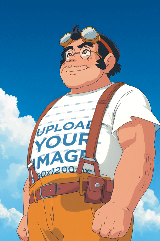 T Shirt Mockup Featuring An AI Created Anime Man Posing Against The Sky