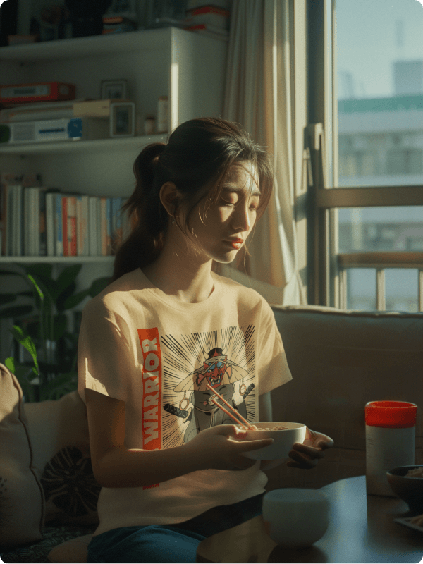 T Shirt Mockup Of A Woman Inspired By A K Drama Series Eating At Home