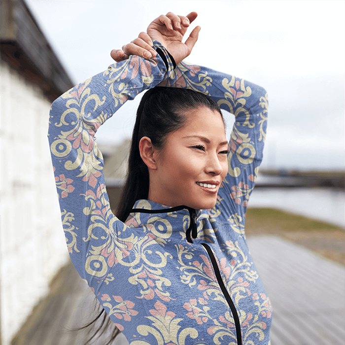 Heather Full Zip Hoodie Mockup Featuring A Young Woman Featured