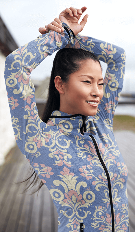 Heather Full Zip Hoodie Mockup Featuring A Young Woman