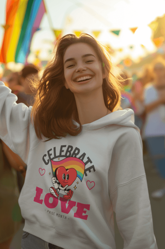 Hoodie Mockup Of An AI Created Joyful Woman Standing In A Pride Parade