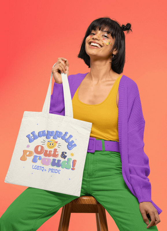Mockup Of A Joyful Woman Carrying A Sublimated Tote Bag Featuring A Pride Design