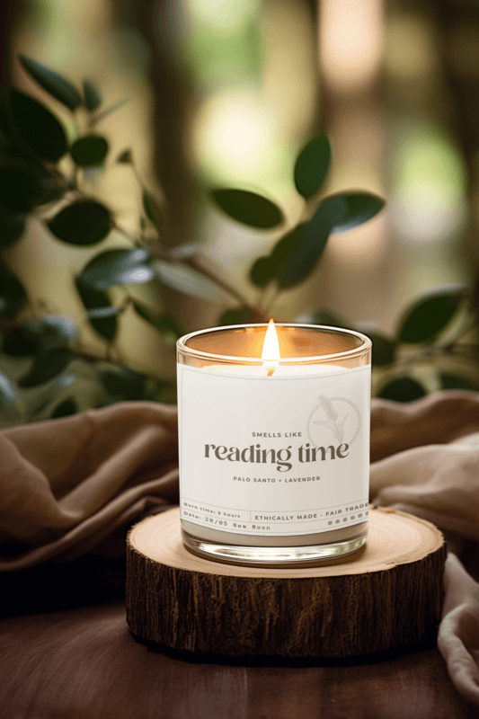 Mockup Of A Nice AI Generated Book Themed Candle Placed On A Relaxing Setting