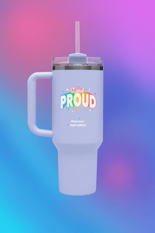 Mockup Of A Stanley Tumbler Placed On A Customizable Surface Featuring A Pride Design